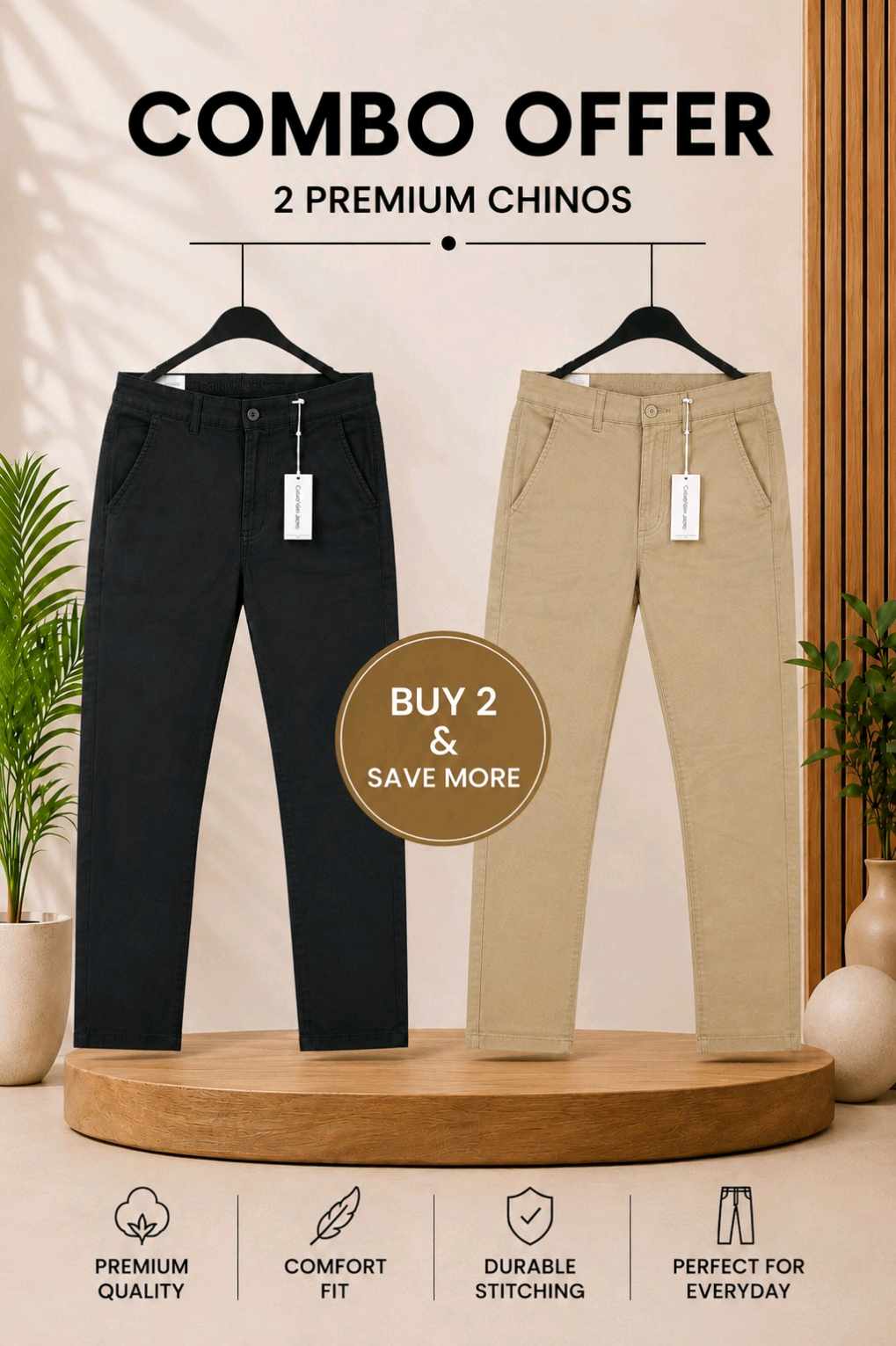 *Combo Offer* Premium Export Gabardine Pant(Black+Light Khaki)